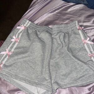 SHEIN Gray Athletic Shorts with Pink Ribbon Details